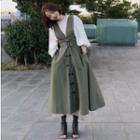 Puff-sleeve Blouse / Double-breasted Midi Pinafore Dress