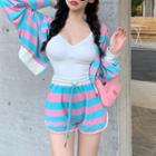 Color-block Striped Zip Hooded Oversize Jacket / High-waist Striped Shorts