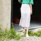 Band-waist Ruffle-hem Mesh-overlay Long Skirt