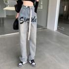 Inset-belt Printed Wide-leg Jeans
