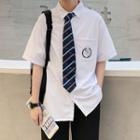 Set: Short-sleeve Embroidered Shirt + Striped Tie