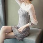 3/4-sleeve Mesh Panel Mini Plaid Dress