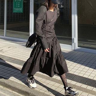 Ruched Long-sleeve Tiered Midi A-line Dress