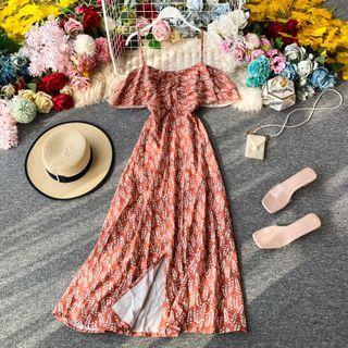 Off-shoulder Printed Slit Dress