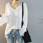 Deep V-neck Long-sleeve Linen Blend T-shirt