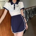 Striped Polo Shirt / Contrast Trim Mini Skirt