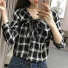 Off-shoulder Bow-accent Plaid Shirt