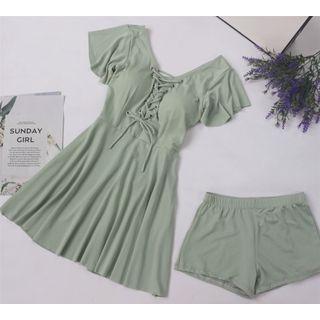 Set: Short-sleeve Lace-up Swimdress + Shorts
