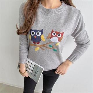Crew-neck Owl Printing Knit Top
