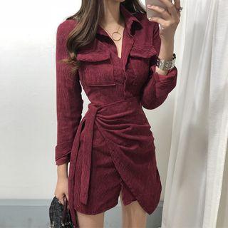 Asymmetric Corduroy Tie-front Mini Shirtdress