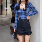 Plaid Blouse / Contrast Stitching Mini Skirt
