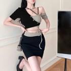 Short-sleeve Cold-shoulder Two-tone Cropped T-shirt / Mini Pencil Skirt