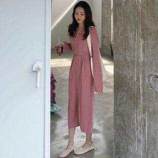 Tie-waist Collared Midi A-line Knit Dress