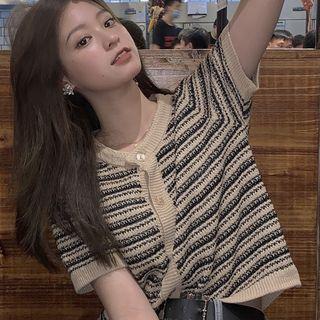 Short-sleeve Striped Cardigan Stripe - Black & Almond - One Size