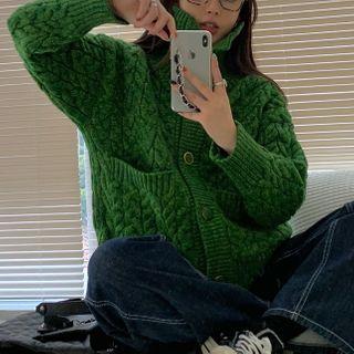 Turtleneck Plain Cable Knit Cardigan Green - One Size