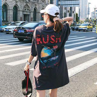 Print Short-sleeve Slit T-shirt