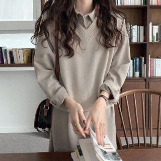 Midi A-line Shirtdress / Sweater Vest / Set