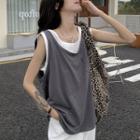 Mock Two-piece Plain Sleeveless Oversize T-shirt