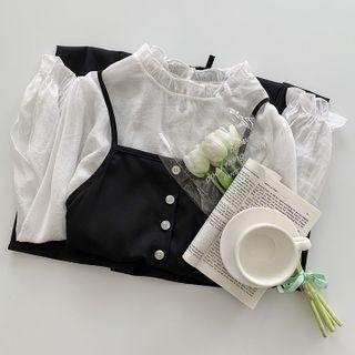 Long-sleeve Wood Ear Trim Top / Single-breasted Suspender A-line Maxi Dress