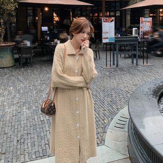 Long-sleeve Button-up Cable Knit Midi Dress