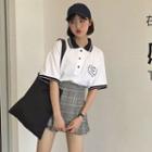Printed Short-sleeve Polo Shirt / Check A-line Mini Skirt