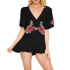 Flower Embroidered Elbow-sleeve Chiffon Playsuit