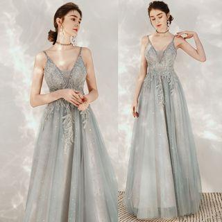 Spaghetti-strap V-neck Embroidered Sequined A-line Evening Gown