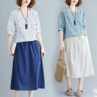 Set: Dotted Elbow-sleeve T-shirt + Midi Skirt