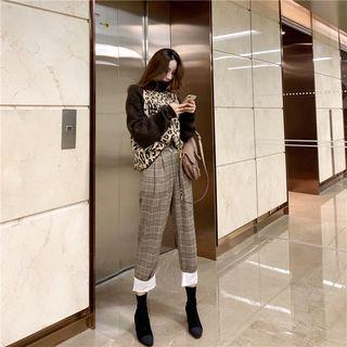 Turtleneck Leopard Panel Sweater / Plaid Woolen Pants