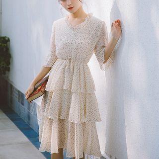 3/4-sleeve Patterned Chiffon A-line Midi Tiered Dress