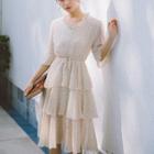 3/4-sleeve Patterned Chiffon A-line Midi Tiered Dress