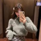 Asymmetric Polo-neck Furry Sweater / Plaid A-line Skirt
