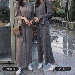 Set: Long Sleeve Plain Tee + Wide Leg Pants