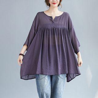Elbow-sleeve V-neck T-shirt Purple - One Size