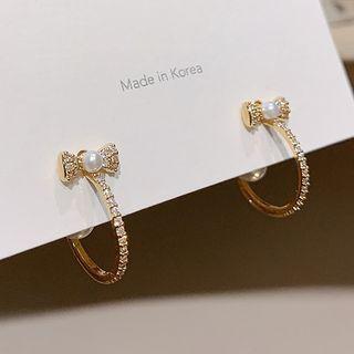 Rhinestone Hoop Earring 1 Pair - White Faux Pearl - Gold - One Size