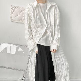 Long-sleeve Plain Shirred Long Shirt