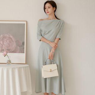 One-shoulder Elbow-sleeve Midi A-line Dress