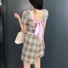 Set: Plaid Short-sleeve Crop Top + High-waist Skirt