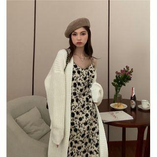 Spaghetti-strap Printed Dress + V-neck Plain Cardigan