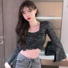 Slit-sleeve Ruched Sequined Cropped Top