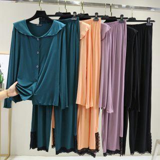 Loungewear Set: Long-sleeve Plain Top + Pants