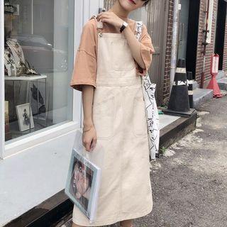 Elbow-sleeve T-shirt / Midi Denim Pinafore Dress