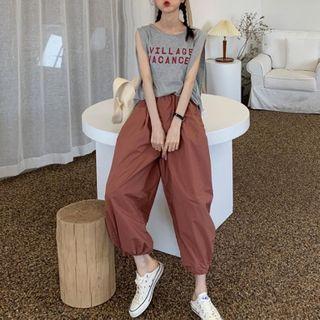 Lettering Tank Top / Drawstring-cuff Cropped Harem Pants