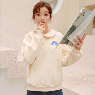 Collared Cartoon Embroidered Pullover Almond - One Size