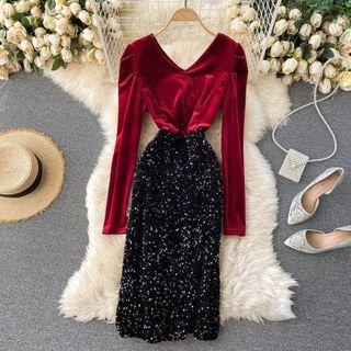 V-neck Velvet Long-sleeve Panel Sequin Dress