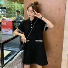 Contrast Trim Short-sleeve Collard Dress Black - One Size