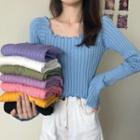 Long-sleeve Square-neck Flower Trim Knit Top