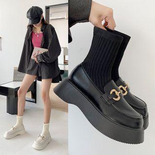 Platform Knit Panel Horsebit Short Boots