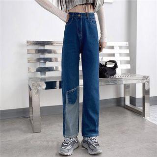 Mid Waist Paneled Straight Leg Jeans
