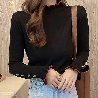 Long-sleeve Ruffled Mock-neck Knit Top